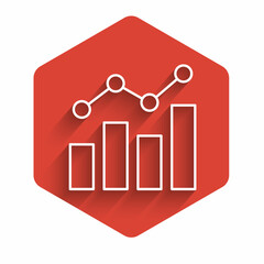 White line Financial growth increase icon isolated with long shadow background. Increasing revenue. Red hexagon button. Vector