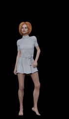 young beautiful female with a sports figure with hair poses dancing and poses and on a black background 3D illustration