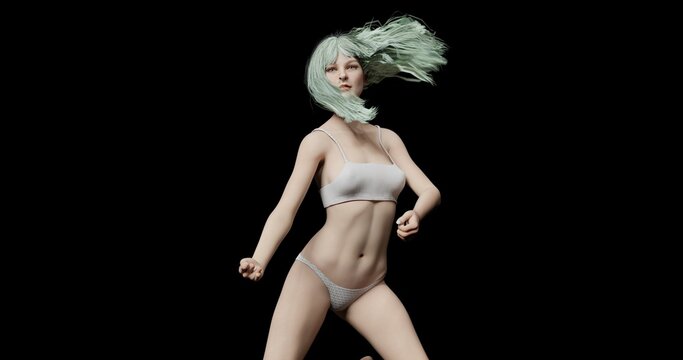 young beautiful female with a sports figure with hair poses dancing and poses and on a black background 3D illustration