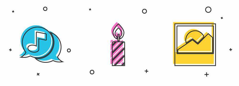Set Musical note in speech bubble, Birthday cake candles and Photo icon. Vector