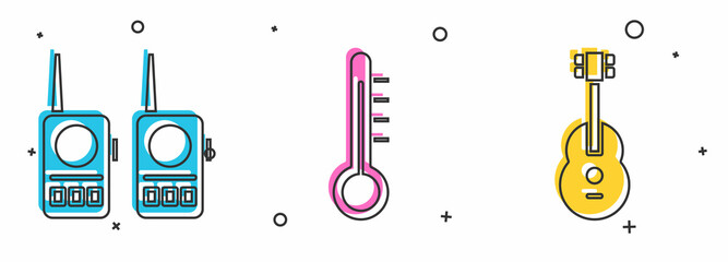 Set Walkie talkie, Meteorology thermometer and Guitar icon. Vector