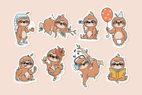 Cute sloth cartoon character, printable stickers