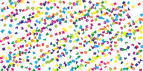 Falling letters of English language. Colorful flying words of Latin alphabet. Foreign languages study concept. Creative back to school banner on white background.
