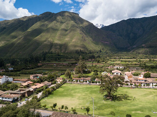View of agriculture structure made by Inca culture in Yucay. Town in the Sacred Valley in the...