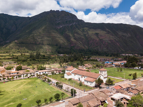 View of agriculture structure made by Inca culture in Yucay. Town in the Sacred Valley in the Peruvian Andes.