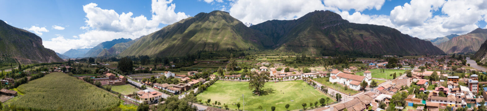 View of agriculture structure made by Inca culture in Yucay. Town in the Sacred Valley in the Peruvian Andes.