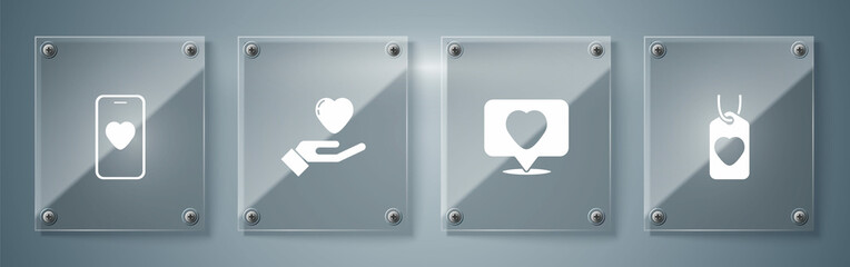 Set Heart tag, Like and heart, in hand and Online dating app chat. Square glass panels. Vector