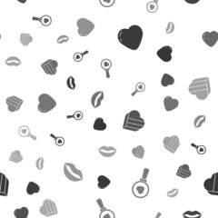 Set Heart, Search heart and love, Candy in shaped box and Smiling lips on seamless pattern. Vector