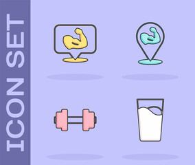 Set Glass with water, Bodybuilder muscle, Dumbbell and icon. Vector
