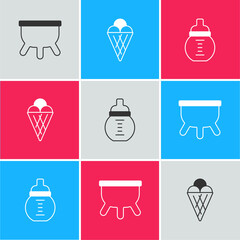 Set Udder, Ice cream in waffle cone and Baby milk bottle icon. Vector