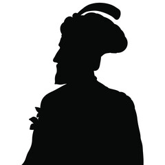 Silhouette of a bearded medieval Indian Mogul prince, rajah or sultan wearing turban with feather. Male portrait.	
