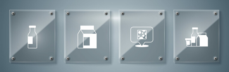 Set Milk product, Cheese, Paper package for milk and Bottle with. Square glass panels. Vector