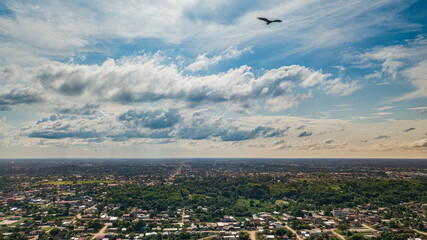 Ciudad amazónica con el cielo y una águila