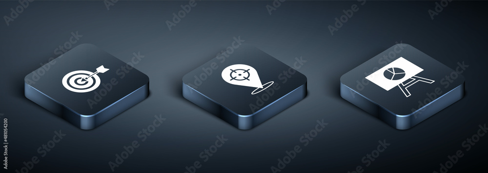 Poster set isometric target, board with graph chart and icon. vector