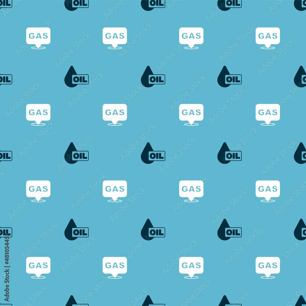 Poster set oil drop and location and gas station on seamless pattern. vector