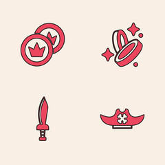 Obraz premium Set Pirate hat, coin, and sword icon. Vector