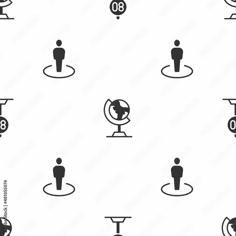 Poster set speed limit traffic, earth globe and location with person on seamless pattern. vector