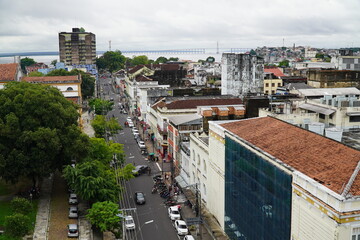 Obraz premium Aerial view of the historic district of Manaus, Amazonas, Brazil, with the Eduardo Ribeiro street.