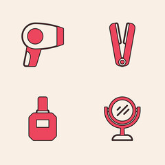 Set Hand mirror, Hair dryer, Curling iron for hair and Aftershave icon. Vector