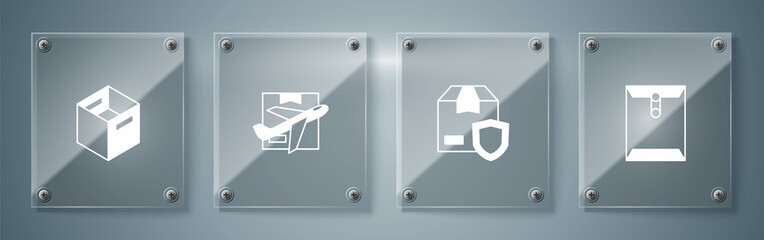 Set Envelope, Delivery security with shield, Plane and cardboard box and Carton. Square glass panels. Vector