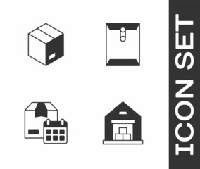 Set Warehouse, Carton cardboard box, Cardboard with calendar and Envelope icon. Vector