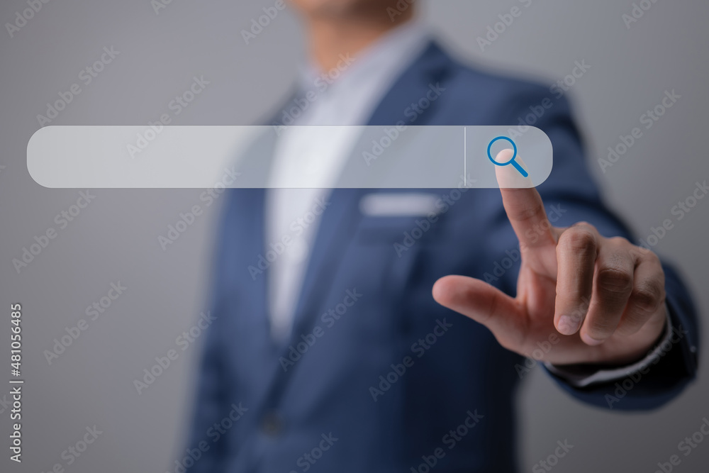 Aufkleber Search Engine Optimization using Data Search Technology. A man's hands are searching for information. Using Search engine Console to help you with your website.