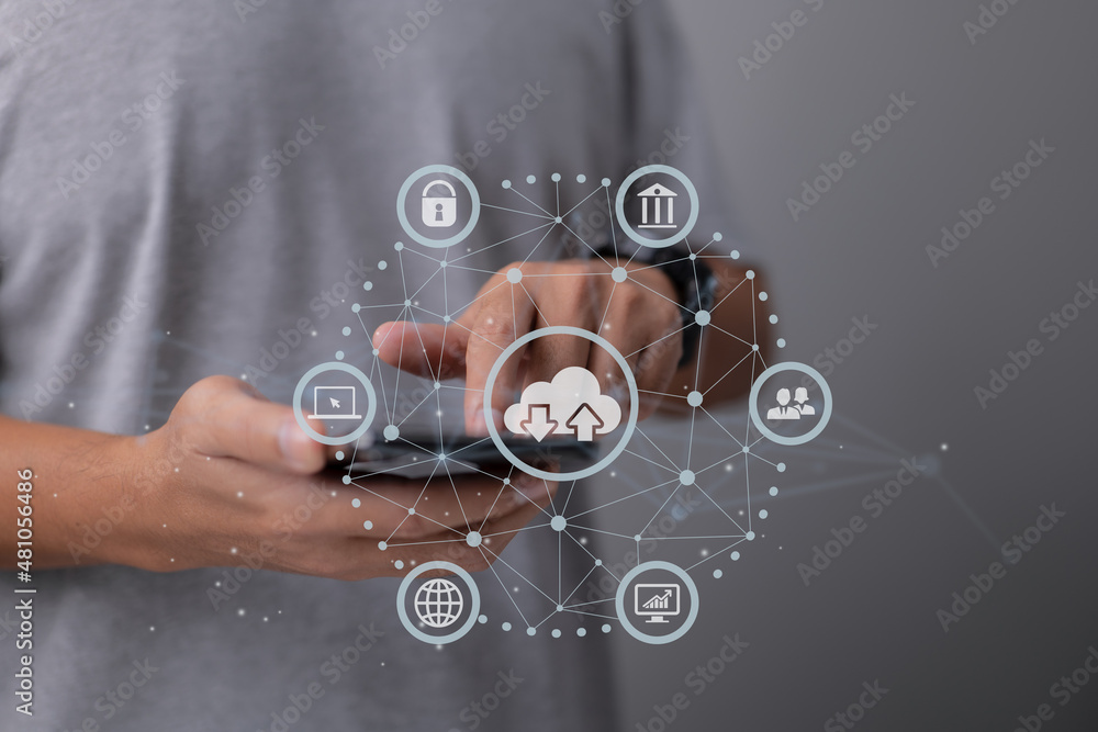 Poster Man uses a smartphone. Cloud computing is a type of technology that allows you to store Storage of information. Concept of networking and internet service.