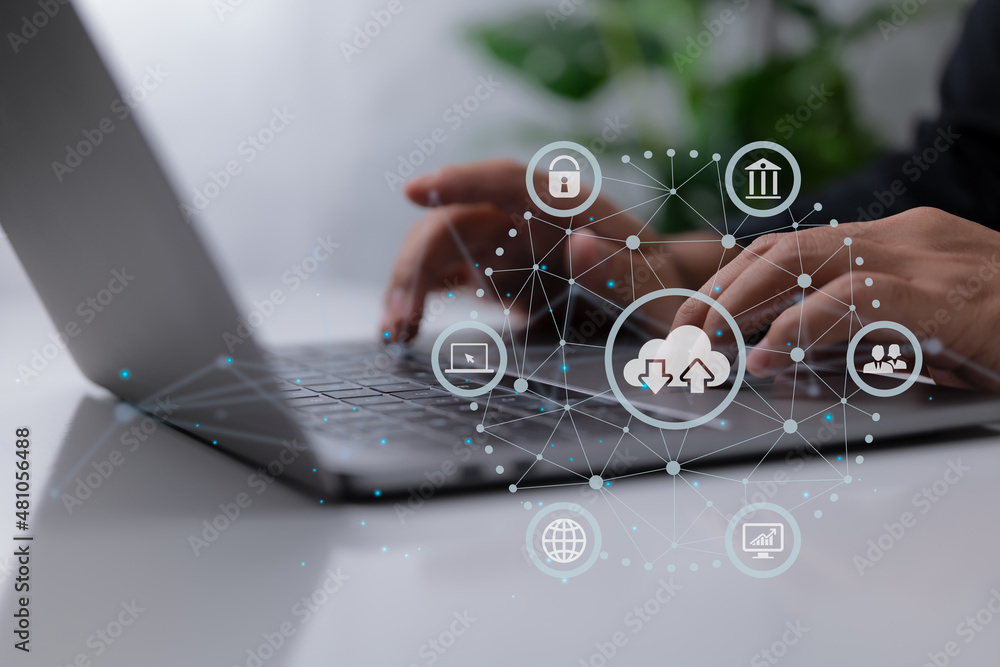 Poster Man uses a laptop with a cloud computing schematic. Cloud computing is a type of technology that allows you to store Storage of information. Concept of networking and internet service.