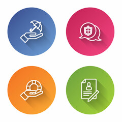 Set line Umbrella in hand, Location shield, Lifebuoy and Document with. Color circle button. Vector