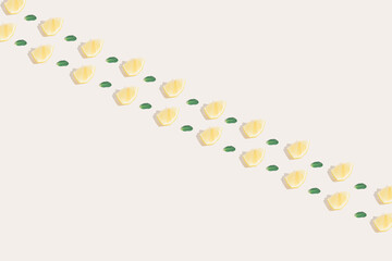 Lemon and mint pattern on a white background. Minimal pattern idea. Summer fresh idea.