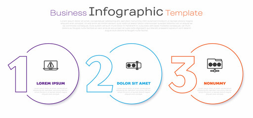 Set line Laptop with exclamation mark, Password protection and Folder password. Business infographic template. Vector