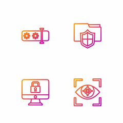 Set line Eye scan, Lock on monitor, Password protection and Document folder. Gradient color icons. Vector