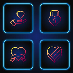 Set line Candy in heart shaped box, Heart, hand and Castle the of. Gradient color icons. Vector