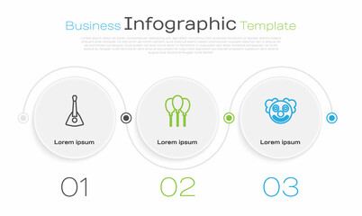 Set line Balalaika, Balloons with ribbon and Clown head. Business infographic template. Vector