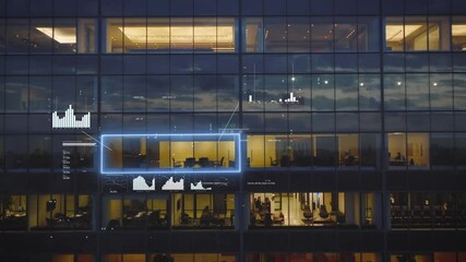 Office window with pop up data, charts and figures - 3D digital overlay - Aerial speed ramp - Powered by Adobe