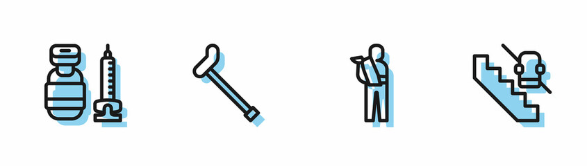 Set line Human broken arm, Syringe, Walking stick cane and Disabled elevator icon. Vector