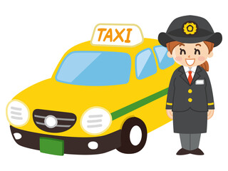 運転士の女性とタクシー　公共交通機関