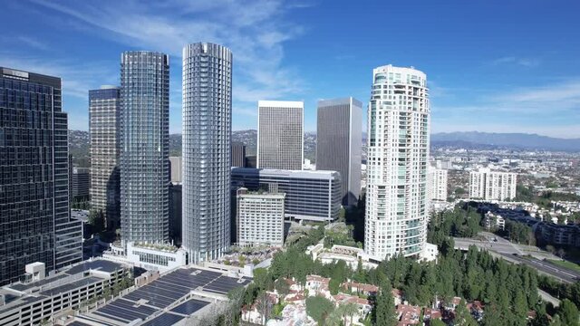 Century City Los Angeles California USA, modern high-rise buildings, drone forward