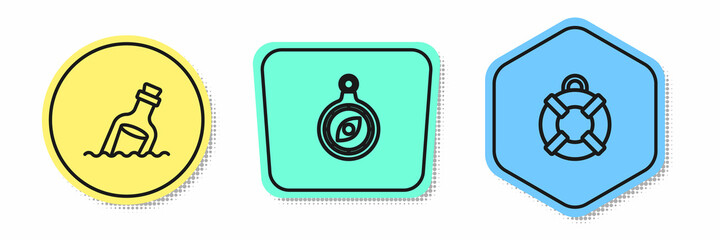 Set line Bottle with message in water, Compass and Lifebuoy. Colored shapes. Vector