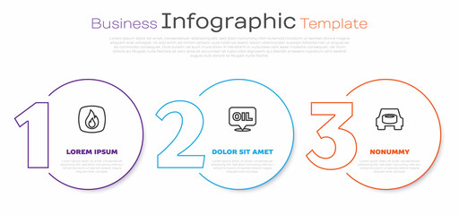 Set line Fire flame, Word oil and Spare wheel in the car. Business infographic template. Vector