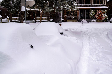  As a blizzard sweeps into a residential neighbourhood the streets fill with snow and residents start to shovel out their cars and sidewalks. Shot in the Toronto’s Beaches  in January. Room for text.