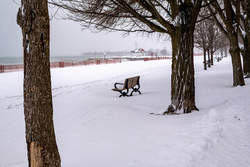 A park bench covered in snow sits on an empty beach beside a boardwalk after a blizzard.  Shot in Toronto's Beaches neighbourhood.