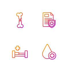 Set line Donate drop blood, Hospital bed, Human broken bone and Patient record. Gradient color icons. Vector