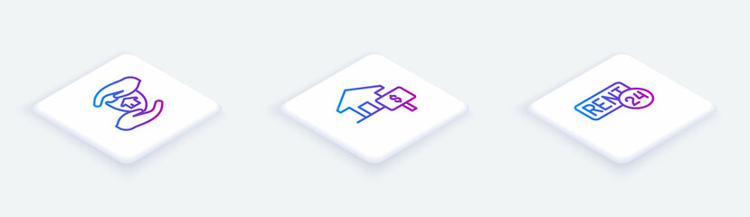Set Isometric line House with shield, dollar and Rent. White square button. Vector