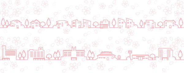 桜の咲く春の街並みのイラスト（線画）