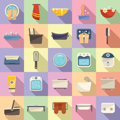 Foot bath icons set flat vector. Beauty calm