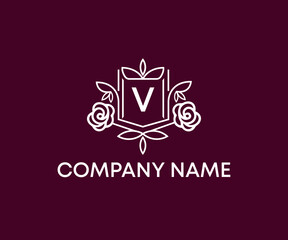 V luxury logo, luxury logo, v letter logo, v monogram, v initial letter logo, Elegant luxury identity design in rose and white.
