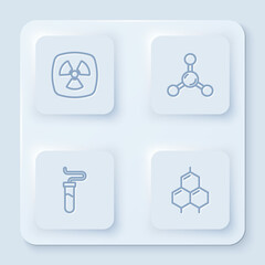 Set line Radioactive, Molecule, Test tube and Chemical formula. White square button. Vector