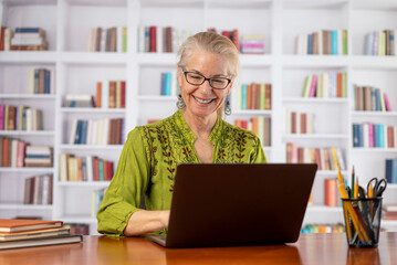 Happy excited woman using her laptop and smiling great success and achievement in home office library.