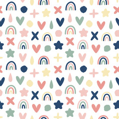 Abstract childish vector seamless pattern. Hand drawn Rainbows, Stars, Hearts and Drops. Simple geometric baby elements on white. Cute scandinavian style background for nursery print, fabric, textile